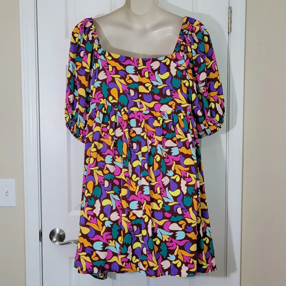 Vibrant Square Neck Balloon Sleeve Dress Plus Size 3x - Picture 4 of 6